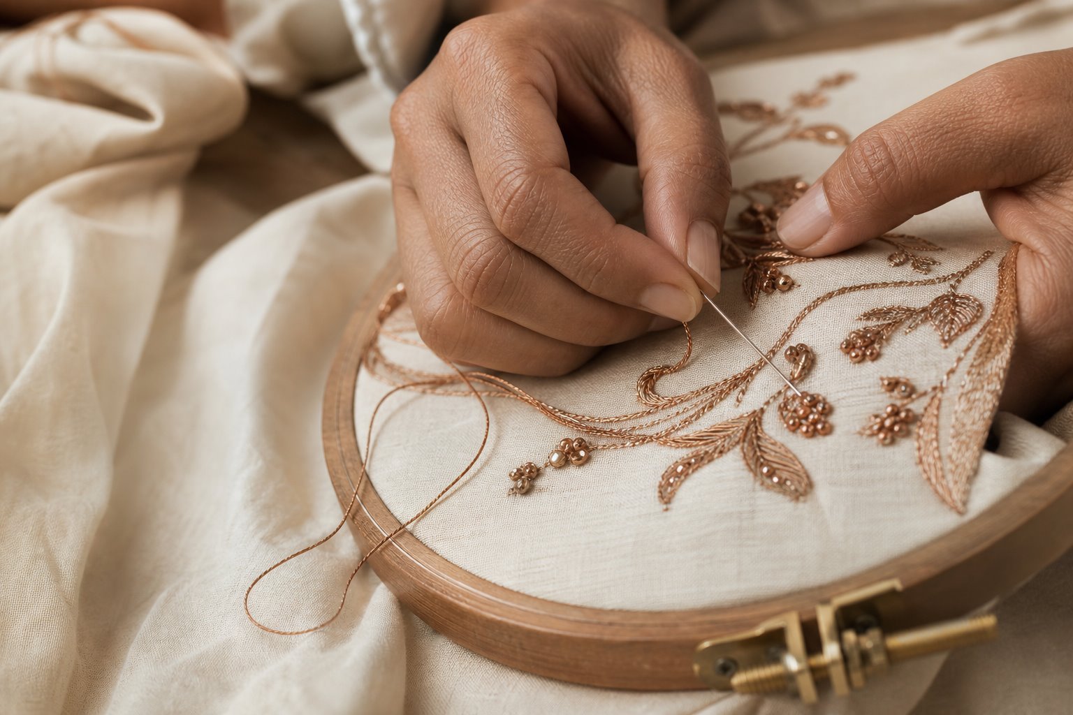 Artisan creating copper embroidery by hand
